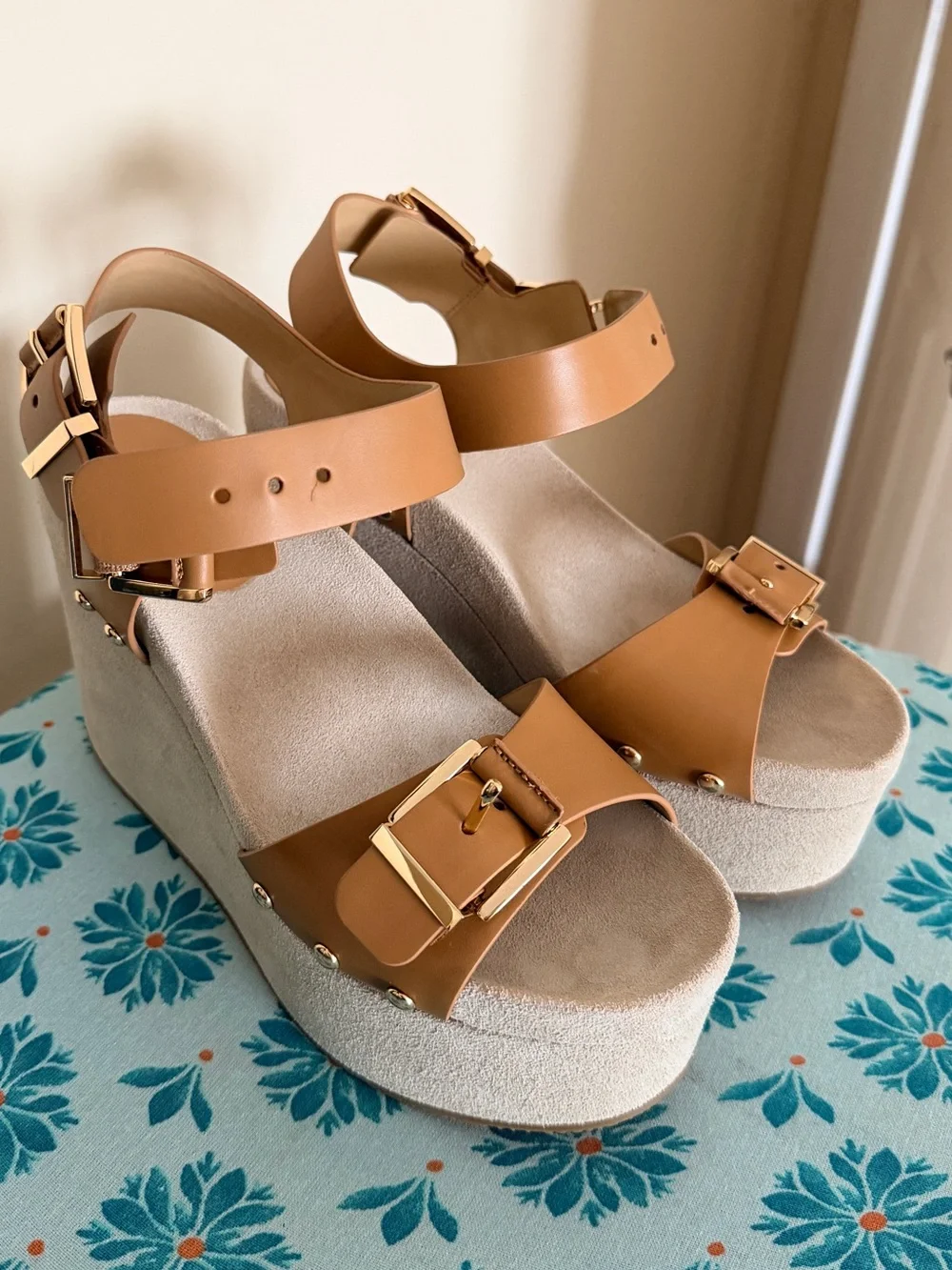 Michael Kors Tan Leather Platform Wedge Sandals with Gold Buckles